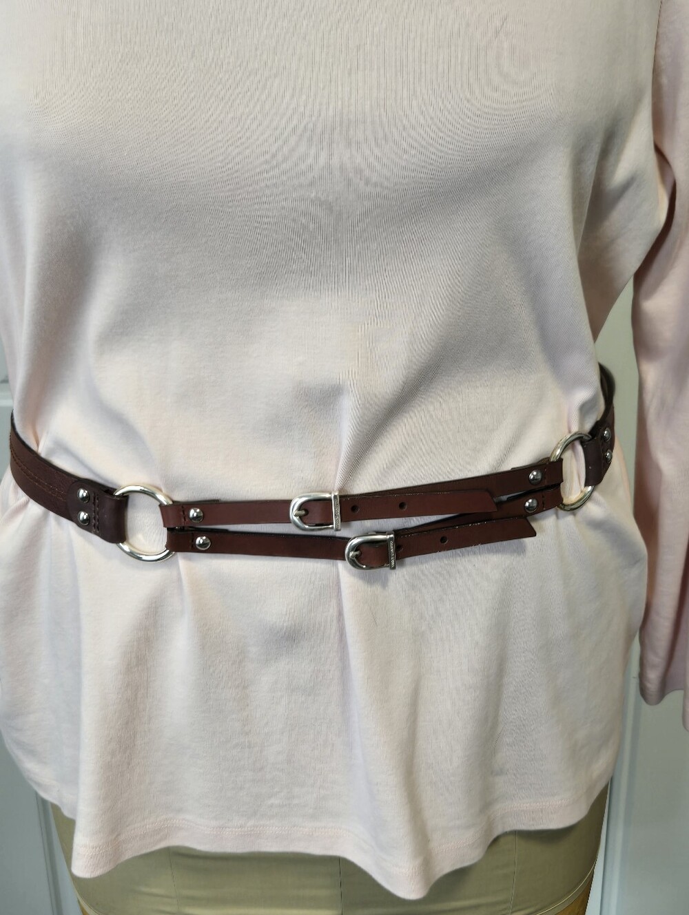 VINCE CAMUTO BROWN LEATHER BELT DOUBLE BUCKLE EQUESTRIAN WOMEN OS HORSE BIT